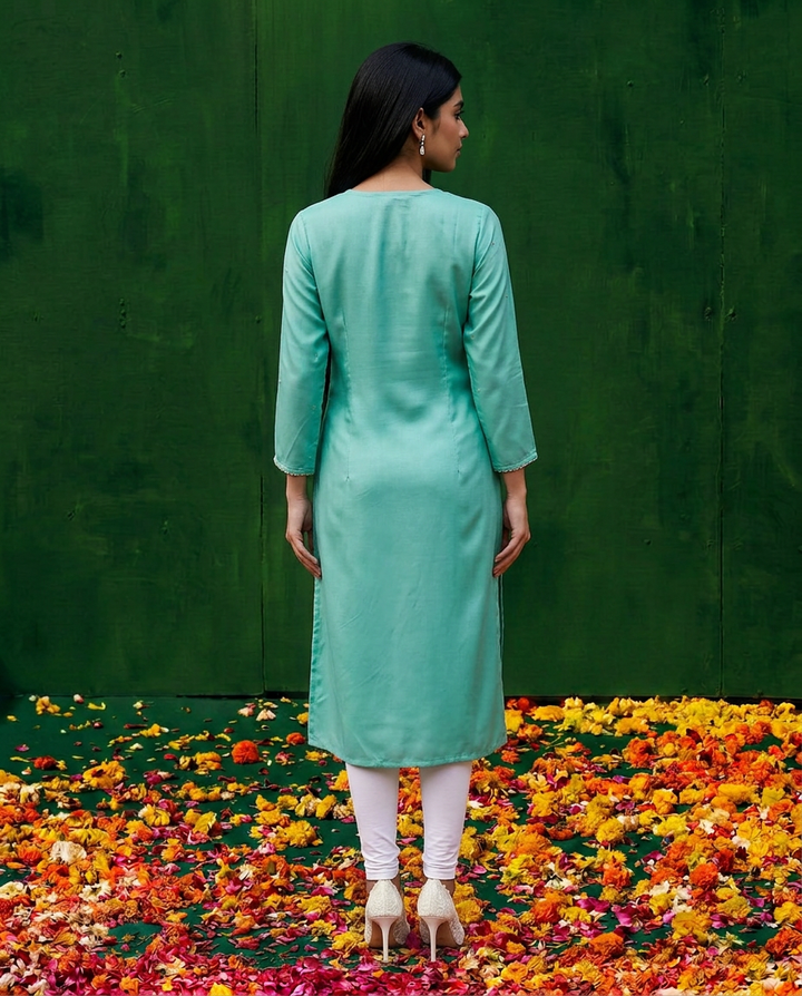 Turquoise Blue Embroidered Silk Blended 3/4 Sleeves Straight Cut Long Kurta