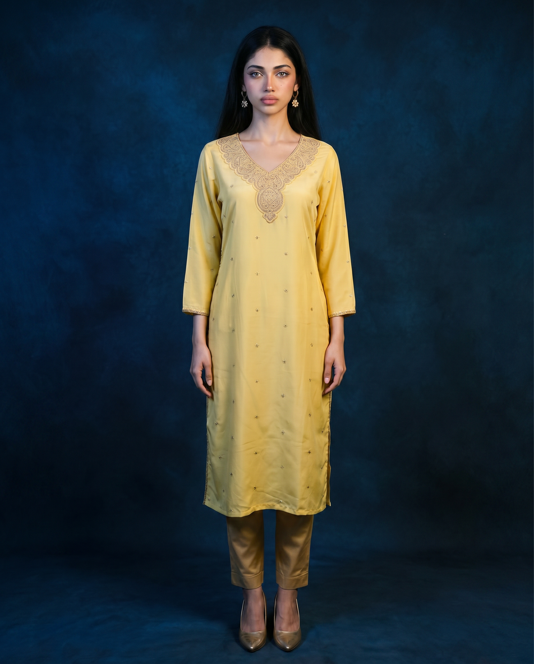 Yellow Embroidered Silk Blended 3/4 Sleeves Straight Cut Long Kurta