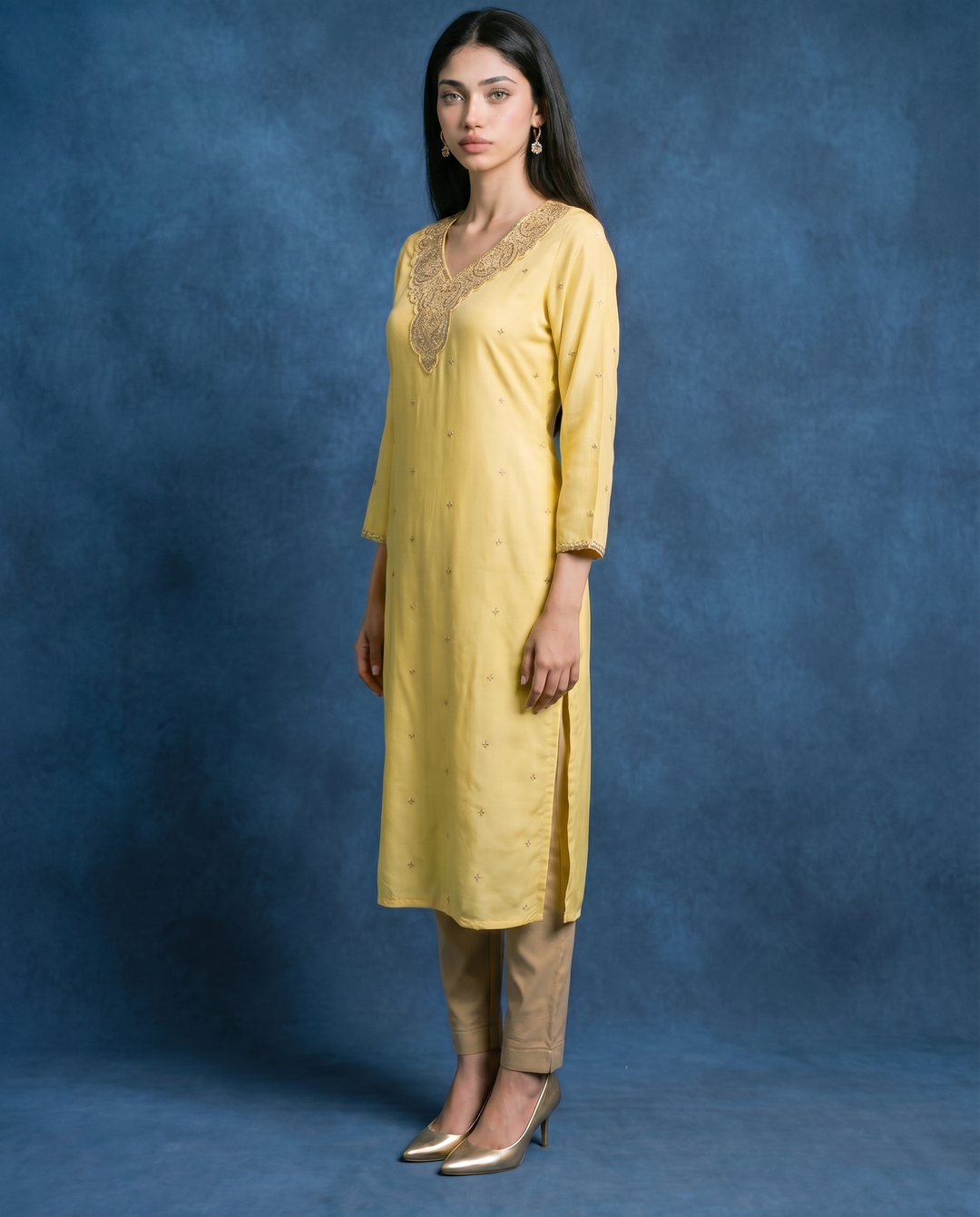 Yellow Embroidered Silk Blended 3/4 Sleeves Straight Cut Long Kurta