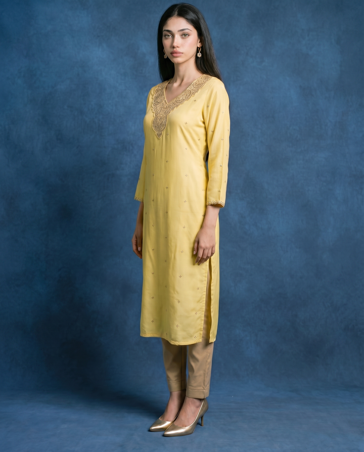 Yellow Embroidered Silk Blended 3/4 Sleeves Straight Cut Long Kurta