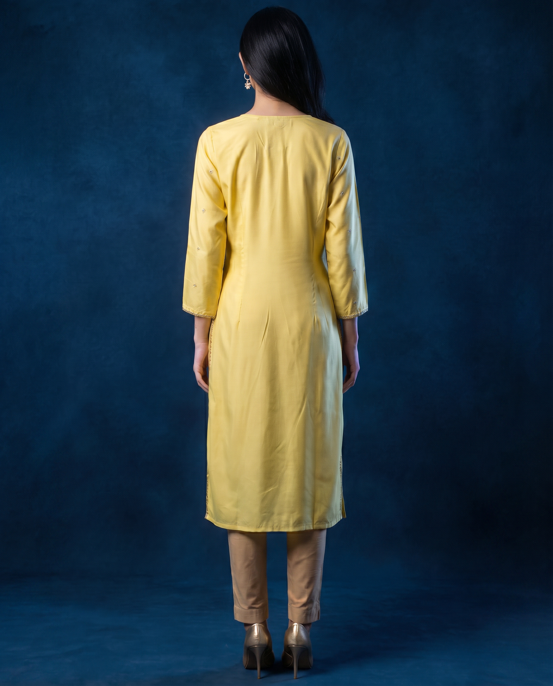 Yellow Embroidered Silk Blended 3/4 Sleeves Straight Cut Long Kurta
