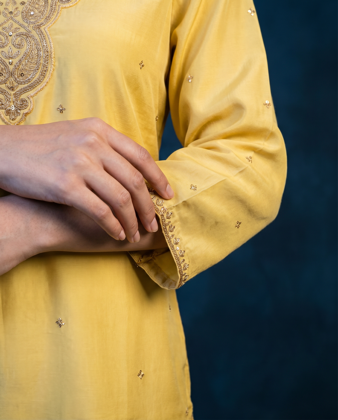 Yellow Embroidered Silk Blended 3/4 Sleeves Straight Cut Long Kurta