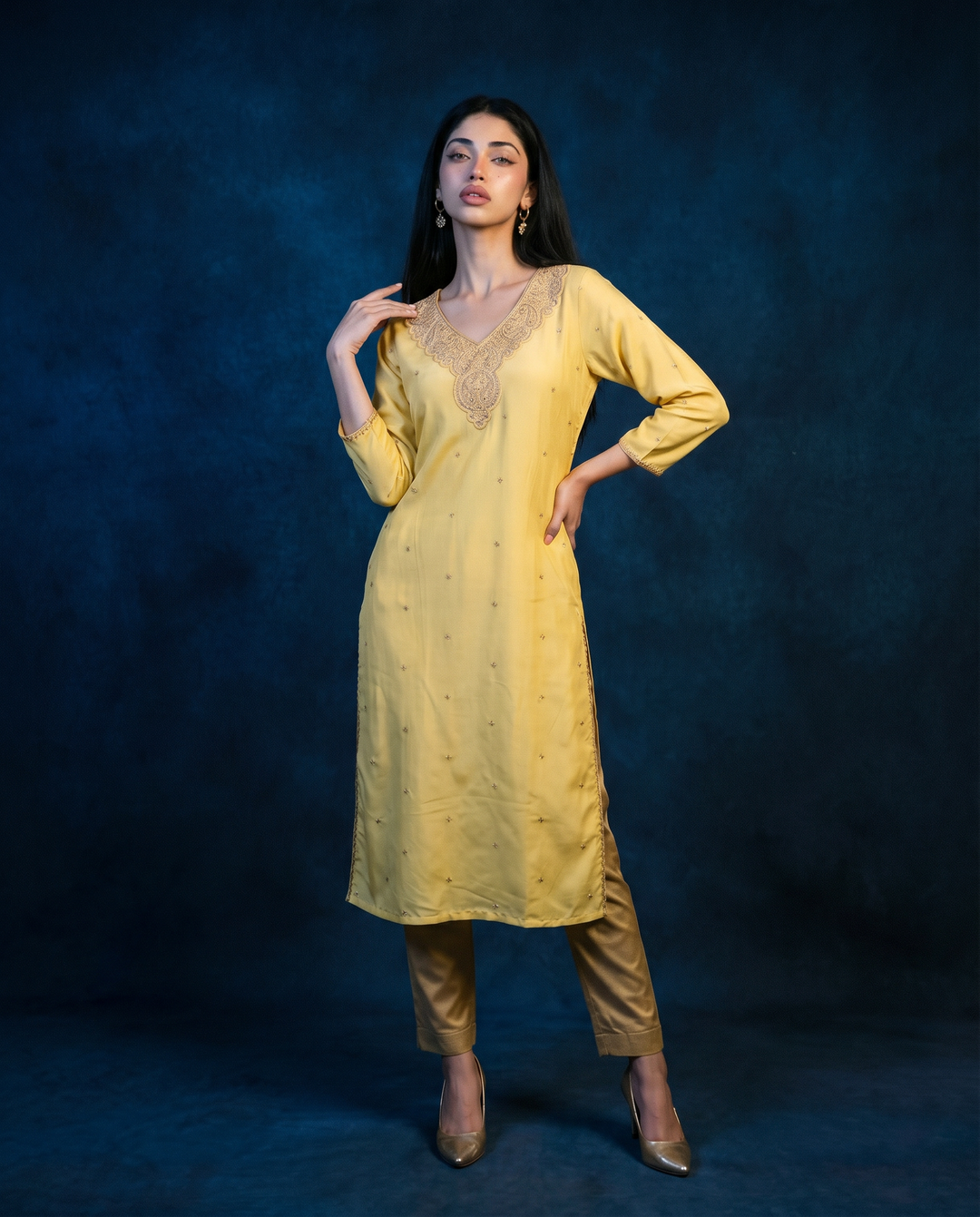 Yellow Embroidered Silk Blended 3/4 Sleeves Straight Cut Long Kurta