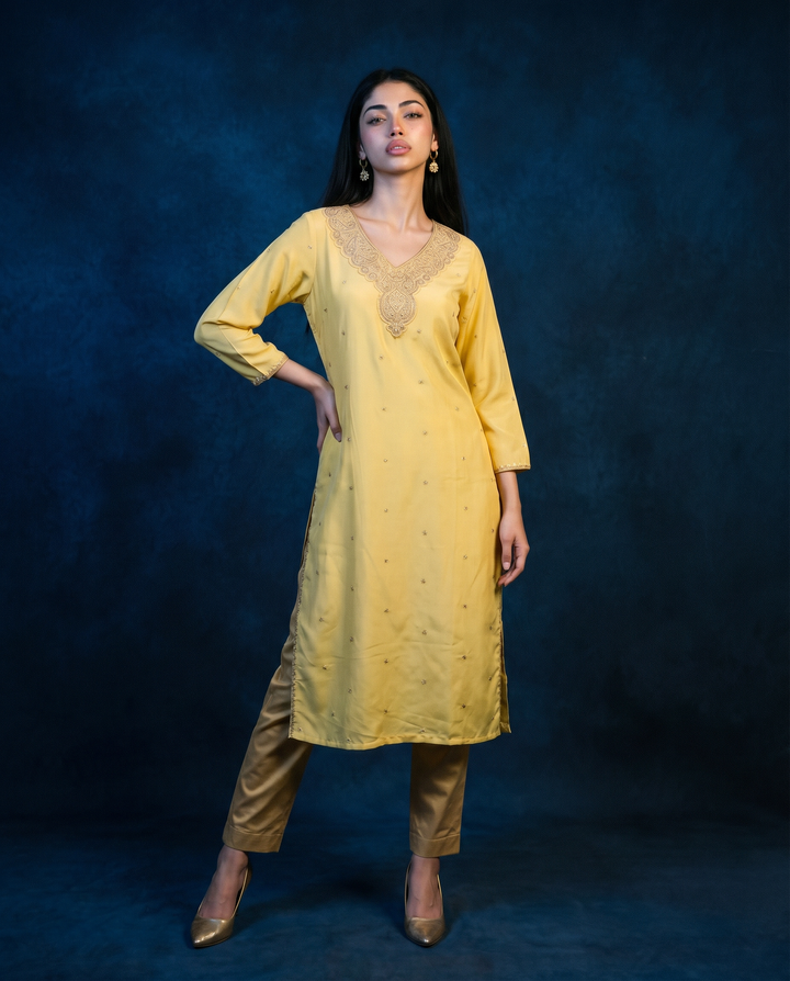Yellow Embroidered Silk Blended 3/4 Sleeves Straight Cut Long Kurta
