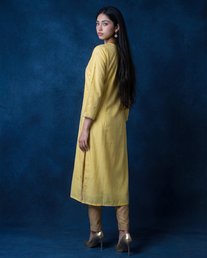 Yellow Embroidered Silk Blended 3/4 Sleeves Straight Cut Long Kurta