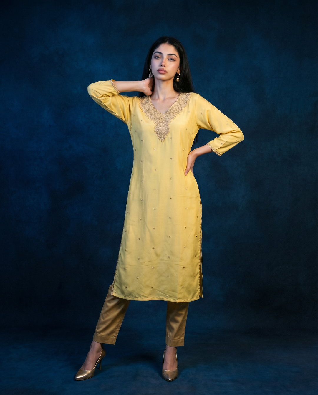 Yellow Embroidered Silk Blended 3/4 Sleeves Straight Cut Long Kurta