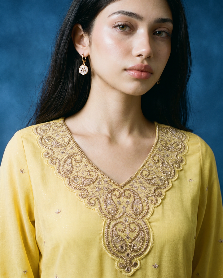 Yellow Embroidered Silk Blended 3/4 Sleeves Straight Cut Long Kurta