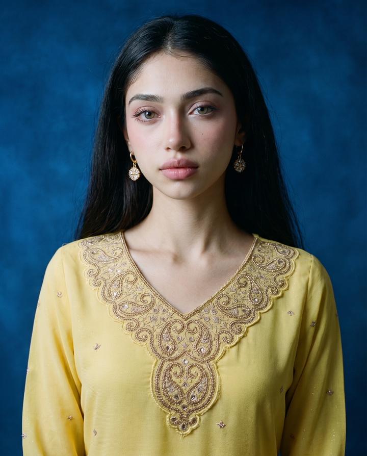 Yellow Embroidered Silk Blended 3/4 Sleeves Straight Cut Long Kurta