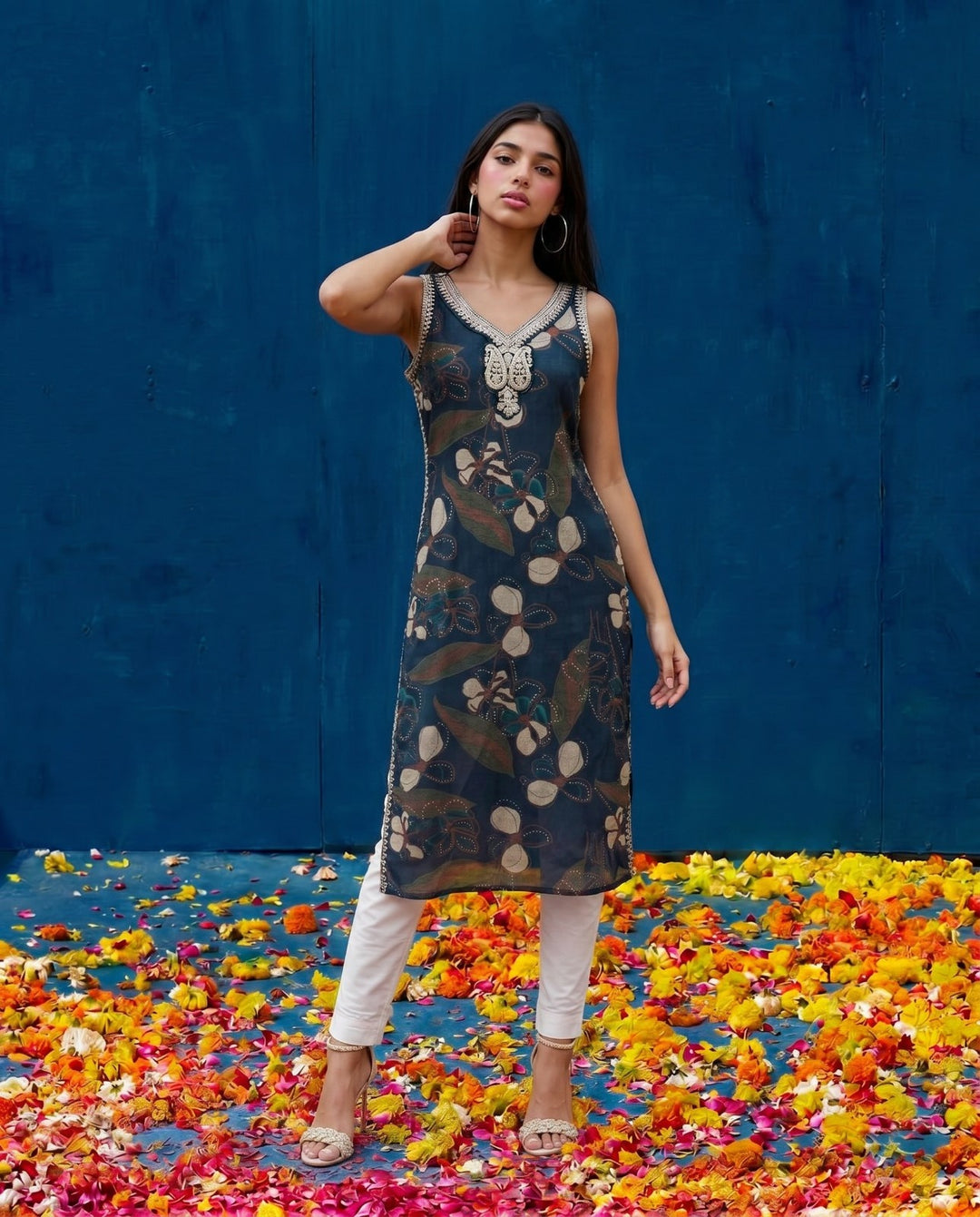 Navy Embroidered Viscose Blended Straight Cut Long Kurta
