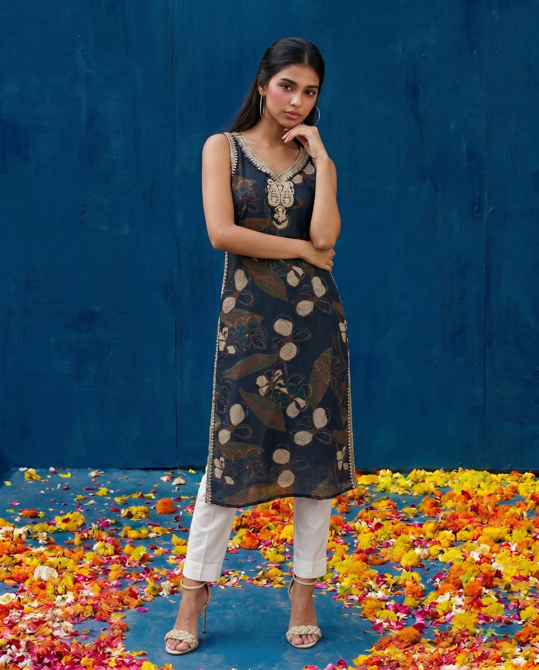 Navy Embroidered Viscose Blended Straight Cut Long Kurta