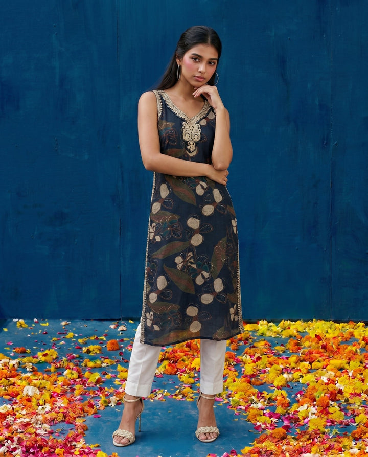 Navy Embroidered Viscose Blended Straight Cut Long Kurta