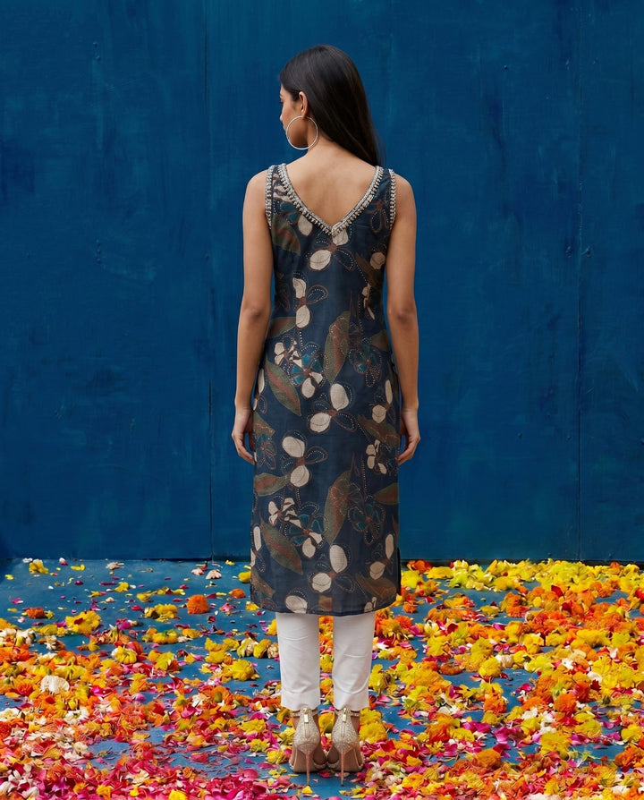 Navy Embroidered Viscose Blended Straight Cut Long Kurta