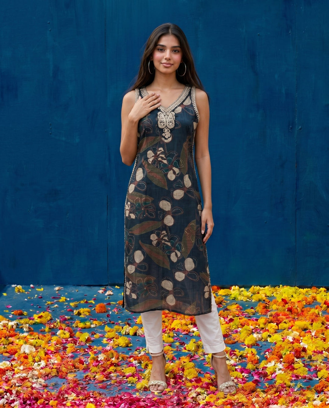 Navy Embroidered Viscose Blended Straight Cut Long Kurta