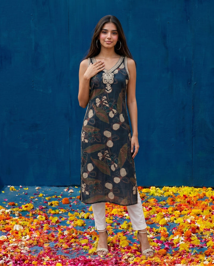 Navy Embroidered Viscose Blended Straight Cut Long Kurta