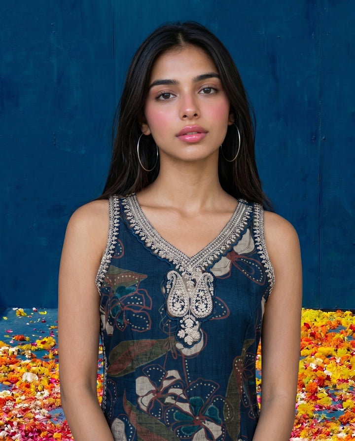 Navy Embroidered Viscose Blended Straight Cut Long Kurta