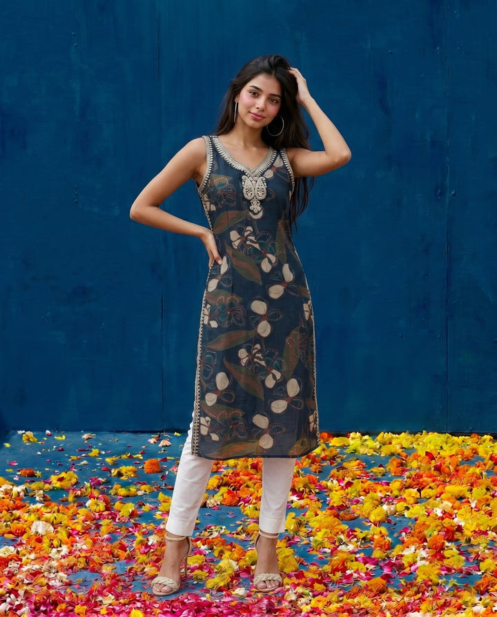 Navy Embroidered Viscose Blended Straight Cut Long Kurta