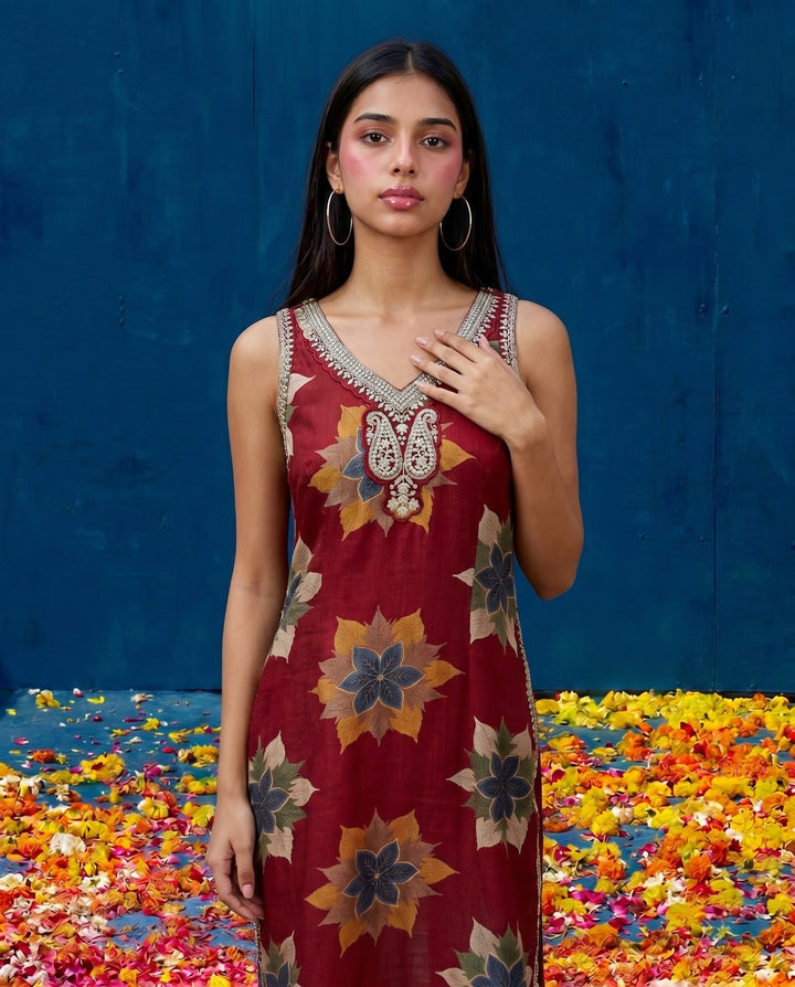 Red Embroidered Viscose Blended Straight Cut Long Kurta