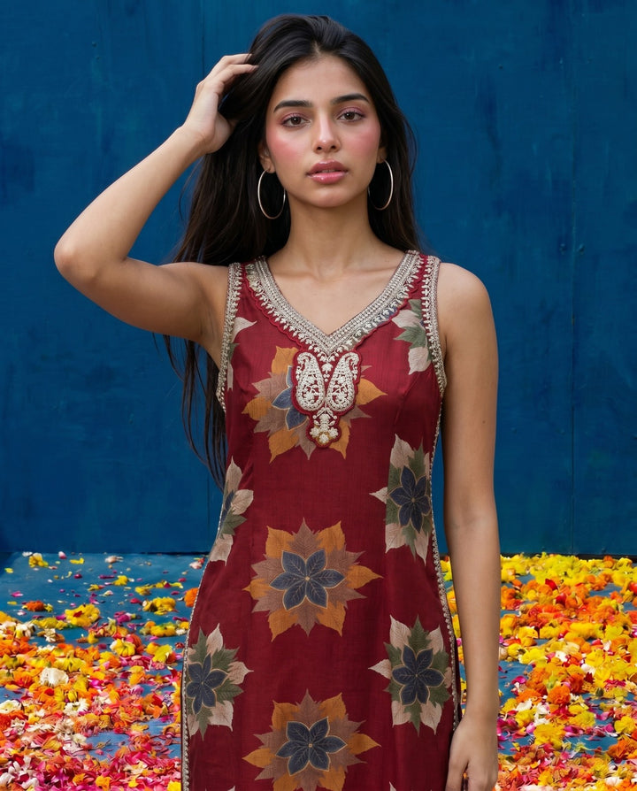 Red Embroidered Viscose Blended Straight Cut Long Kurta