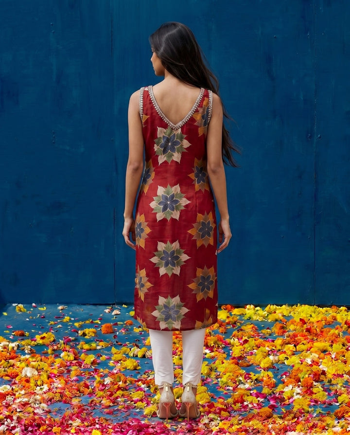 Red Embroidered Viscose Blended Straight Cut Long Kurta