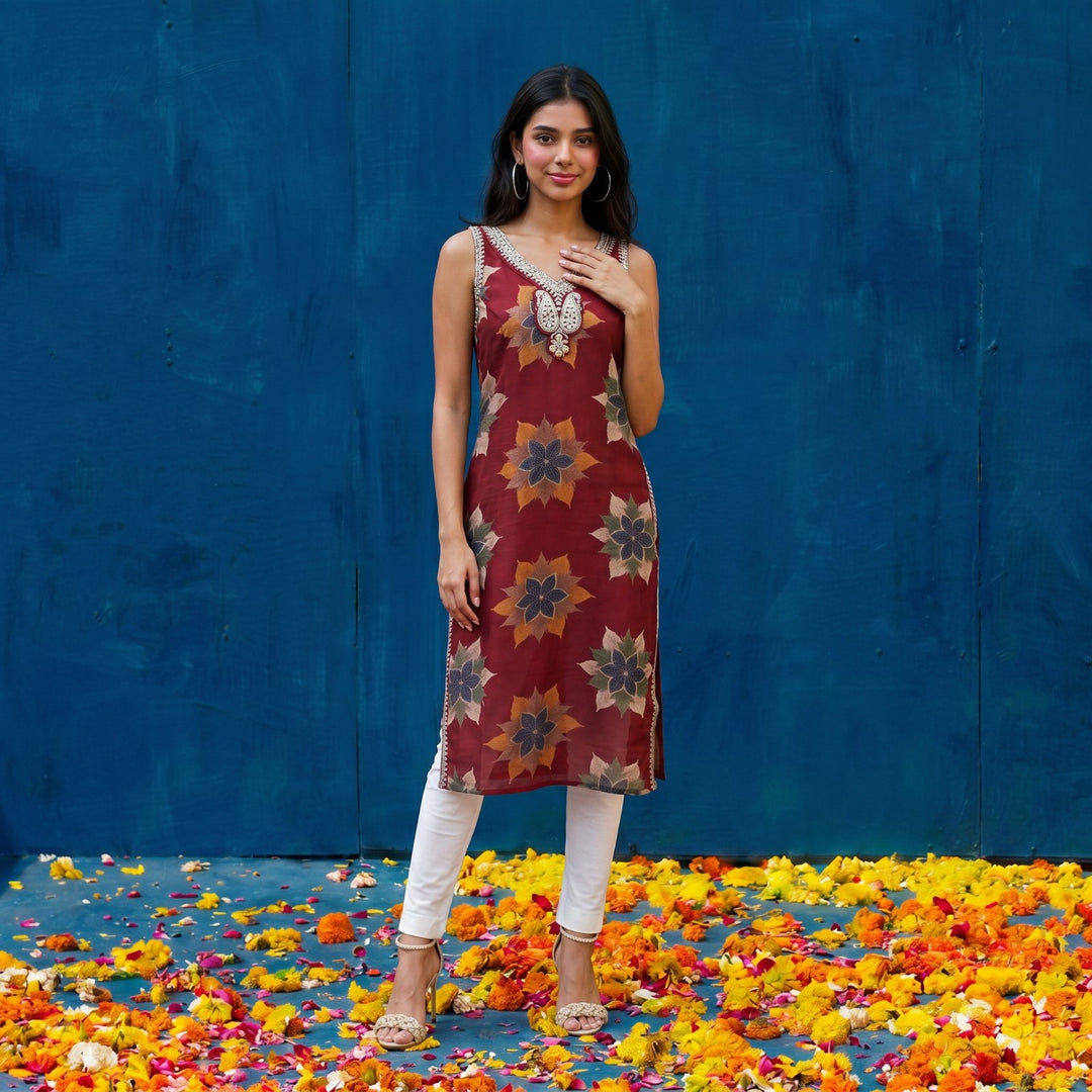 Red Embroidered Viscose Blended Straight Cut Long Kurta