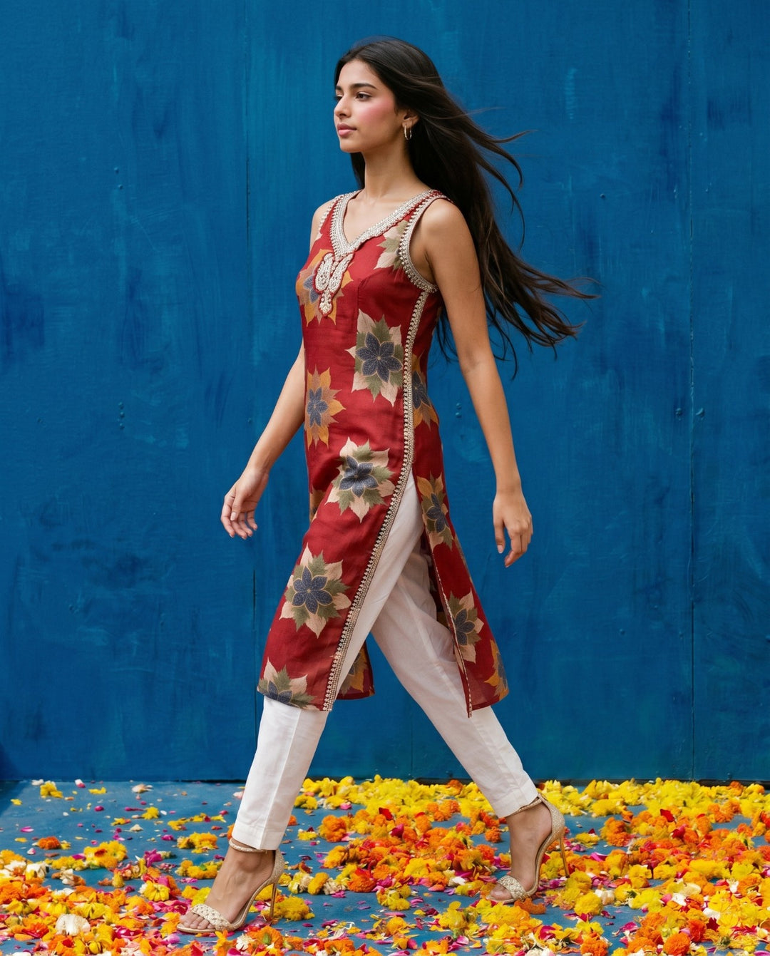 Red Embroidered Viscose Blended Straight Cut Long Kurta