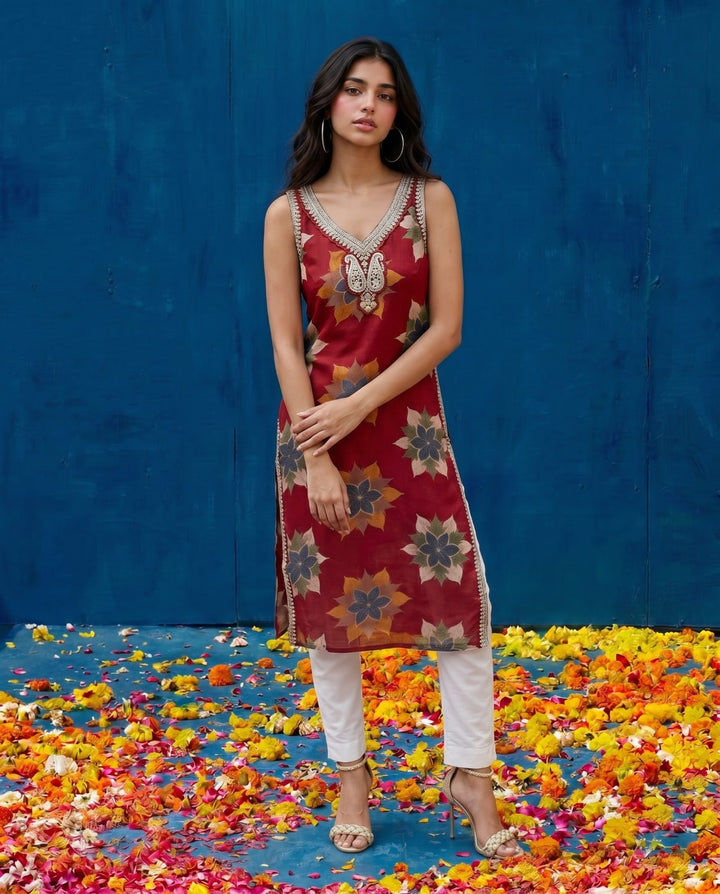 Red Embroidered Viscose Blended Straight Cut Long Kurta