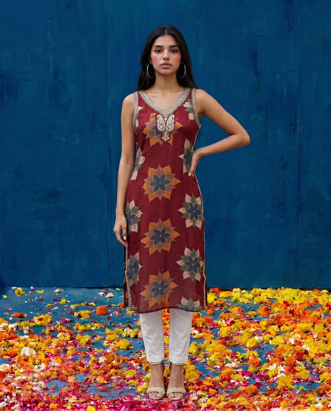 Red Embroidered Viscose Blended Straight Cut Long Kurta