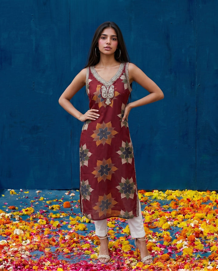 Red Embroidered Viscose Blended Straight Cut Long Kurta