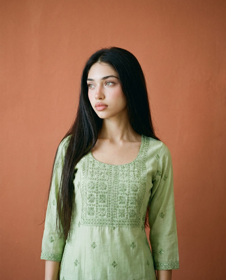 Green Embroidered Viscose Blended Straight cut Long Kurta