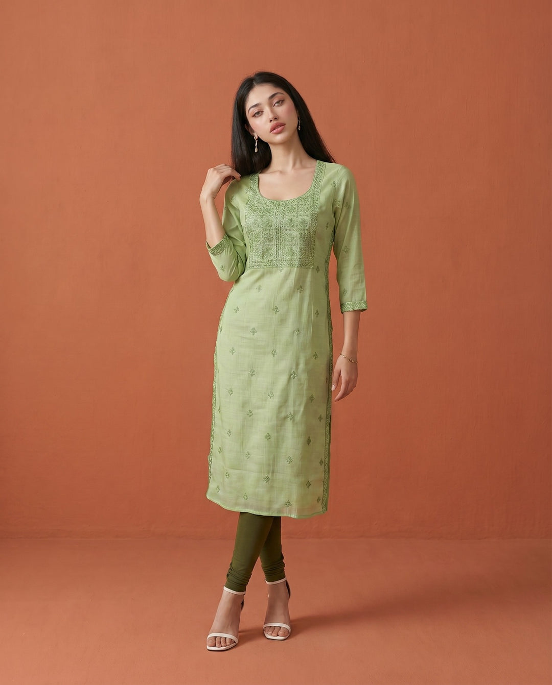 Green Embroidered Viscose Blended Straight cut Long Kurta