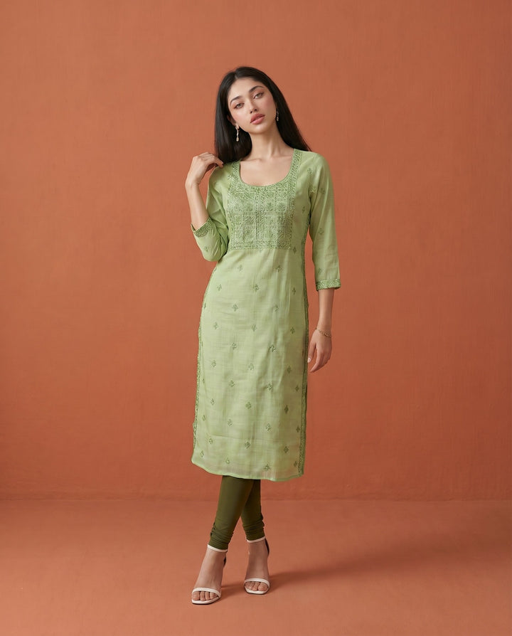 Green Embroidered Viscose Blended Straight cut Long Kurta