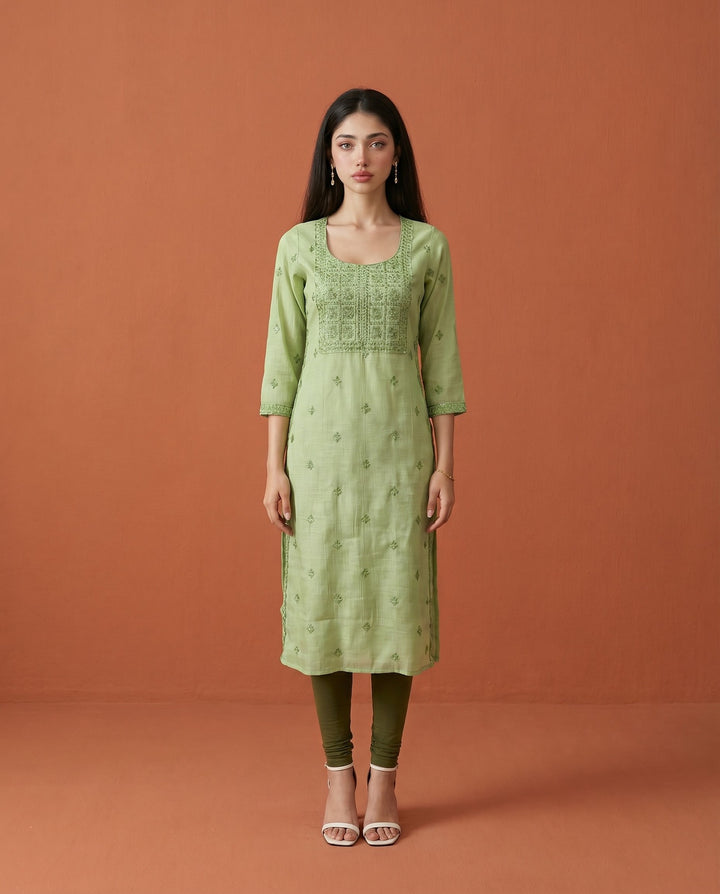 Green Embroidered Viscose Blended Straight cut Long Kurta