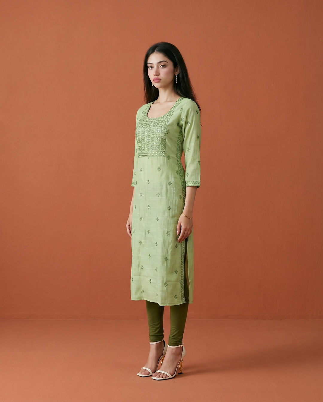 Green Embroidered Viscose Blended Straight cut Long Kurta