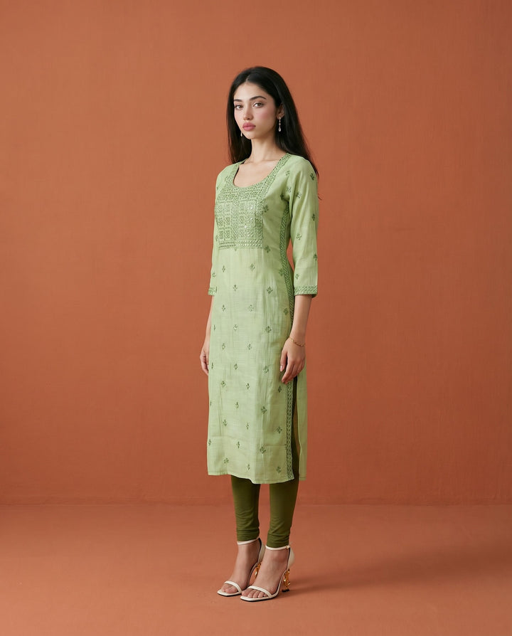 Green Embroidered Viscose Blended Straight cut Long Kurta