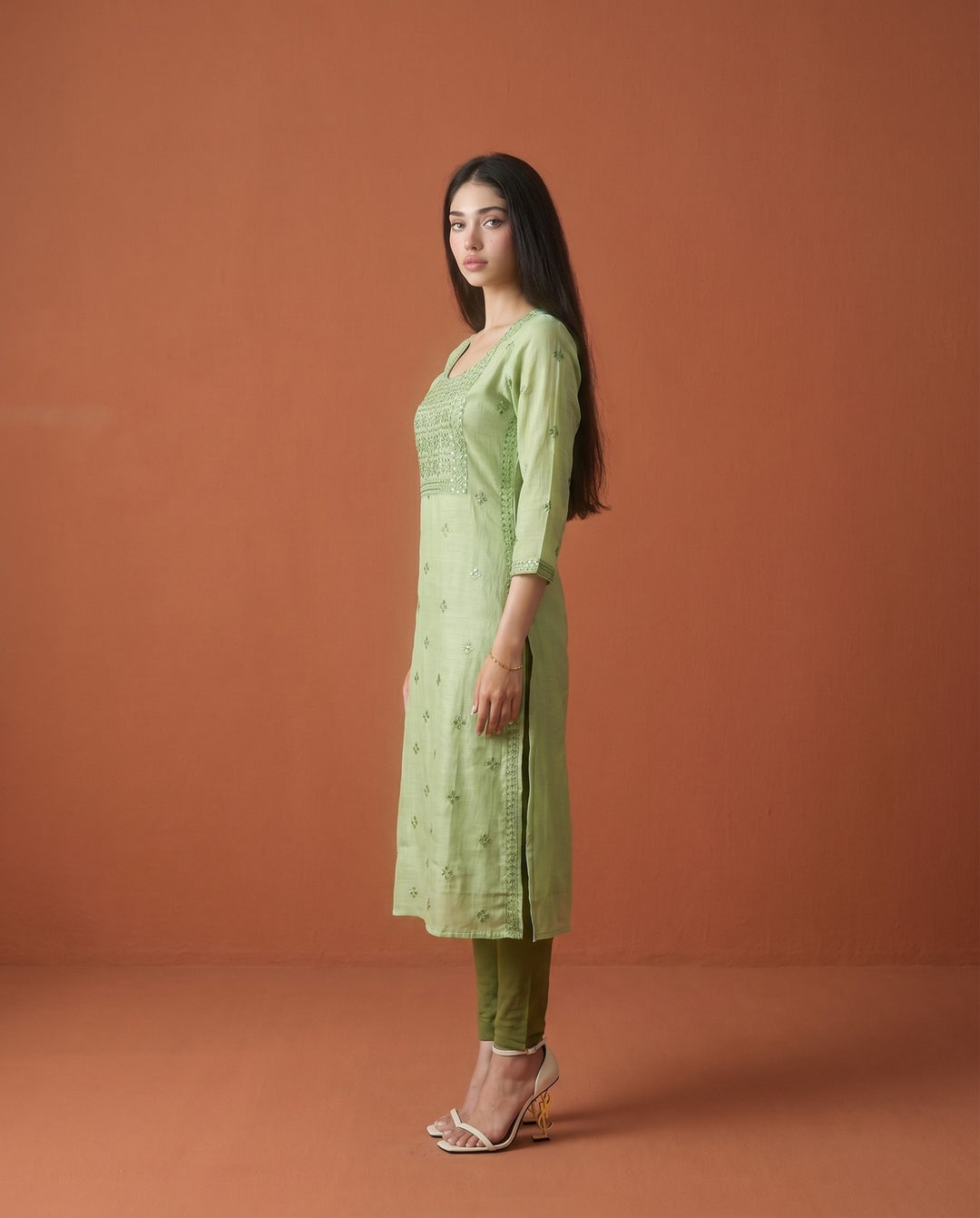 Green Embroidered Viscose Blended Straight cut Long Kurta