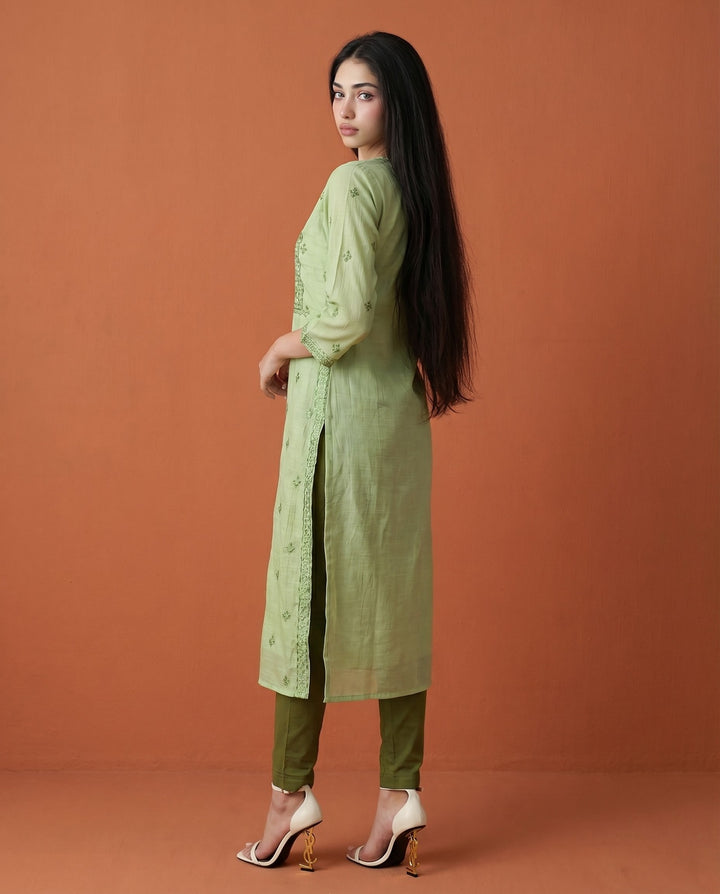 Green Embroidered Viscose Blended Straight cut Long Kurta
