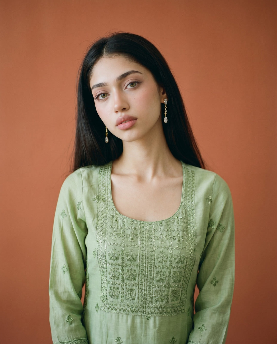 Green Embroidered Viscose Blended Straight cut Long Kurta