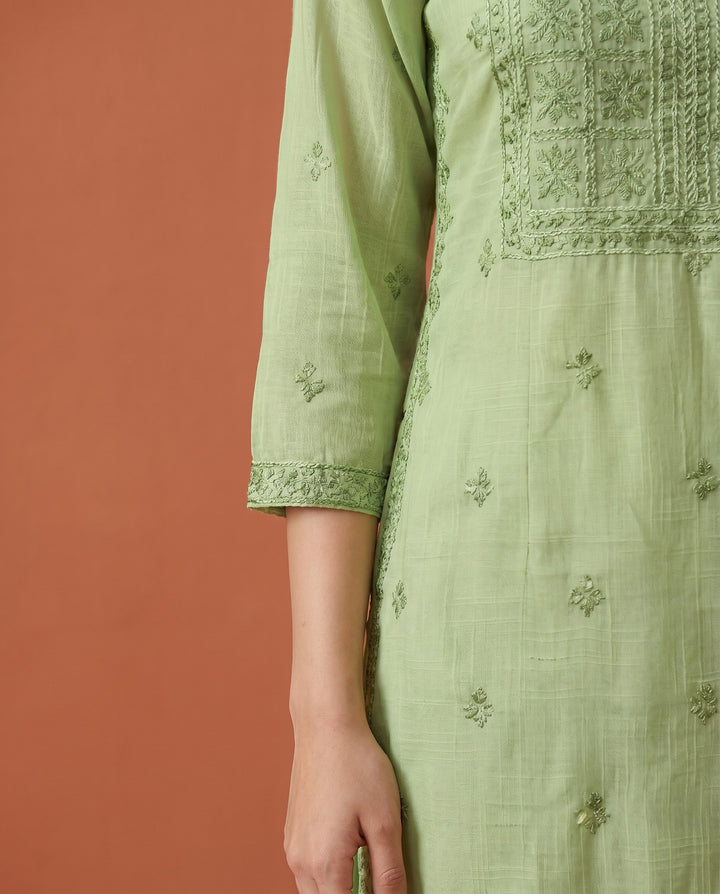 Green Embroidered Viscose Blended Straight cut Long Kurta