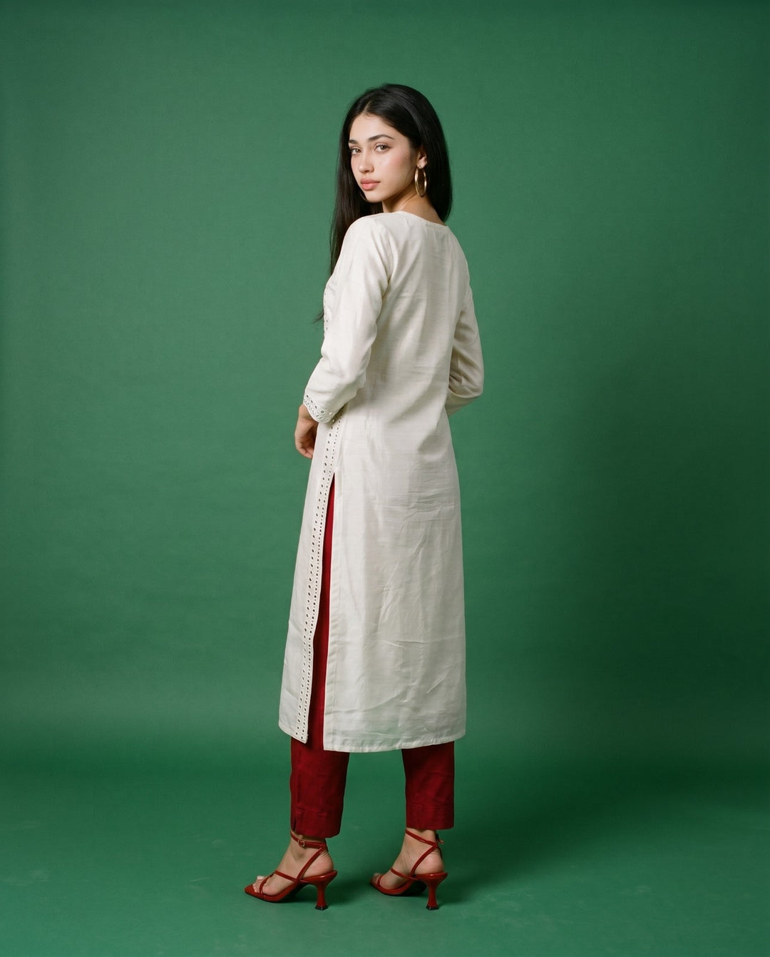 Off White Embroidered Viscose Blended Straight cut Long Kurta