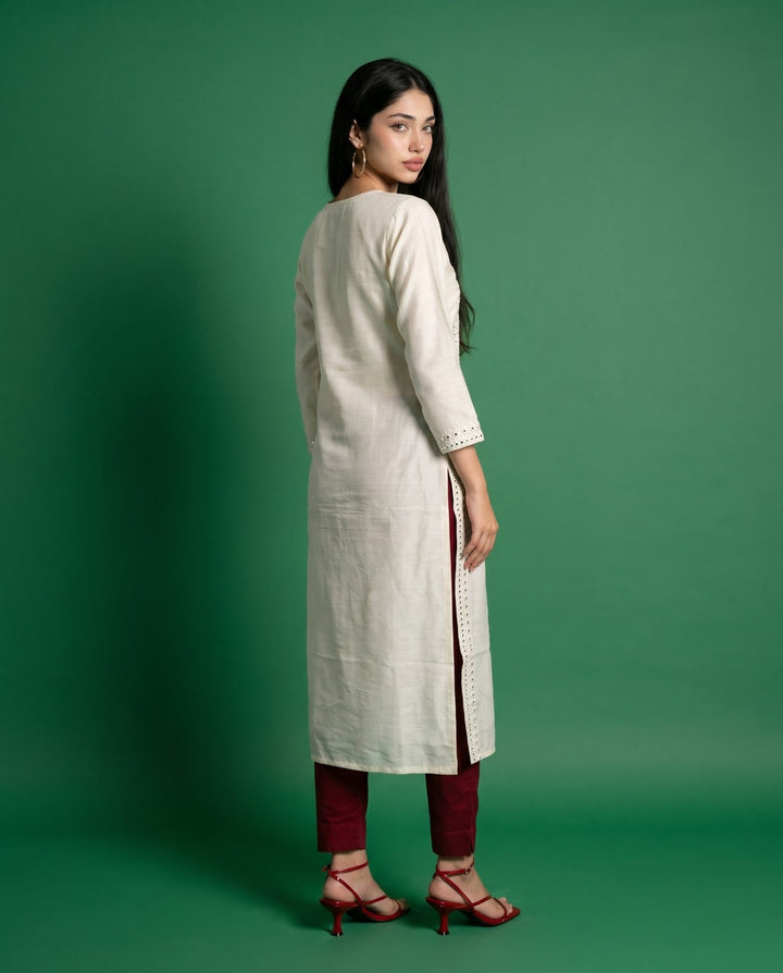 Off White Embroidered Viscose Blended Straight cut Long Kurta