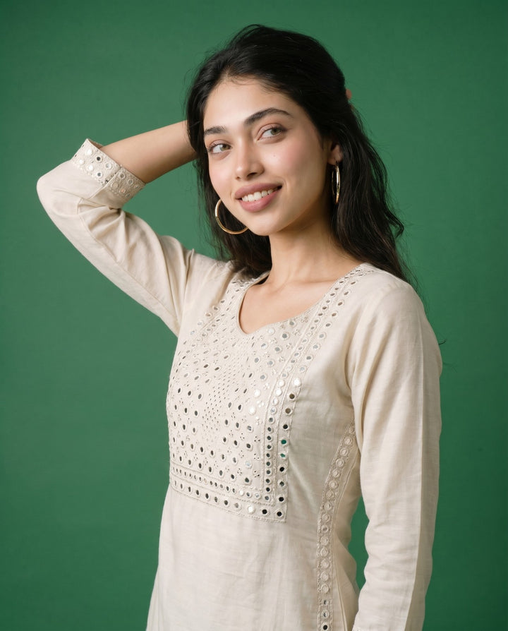 Off White Embroidered Viscose Blended Straight cut Long Kurta
