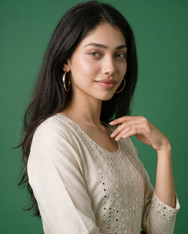 Off White Embroidered Viscose Blended Straight cut Long Kurta