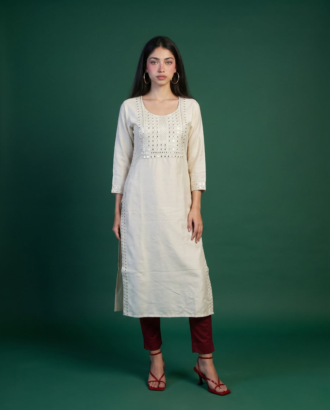 Off White Embroidered Viscose Blended Straight cut Long Kurta