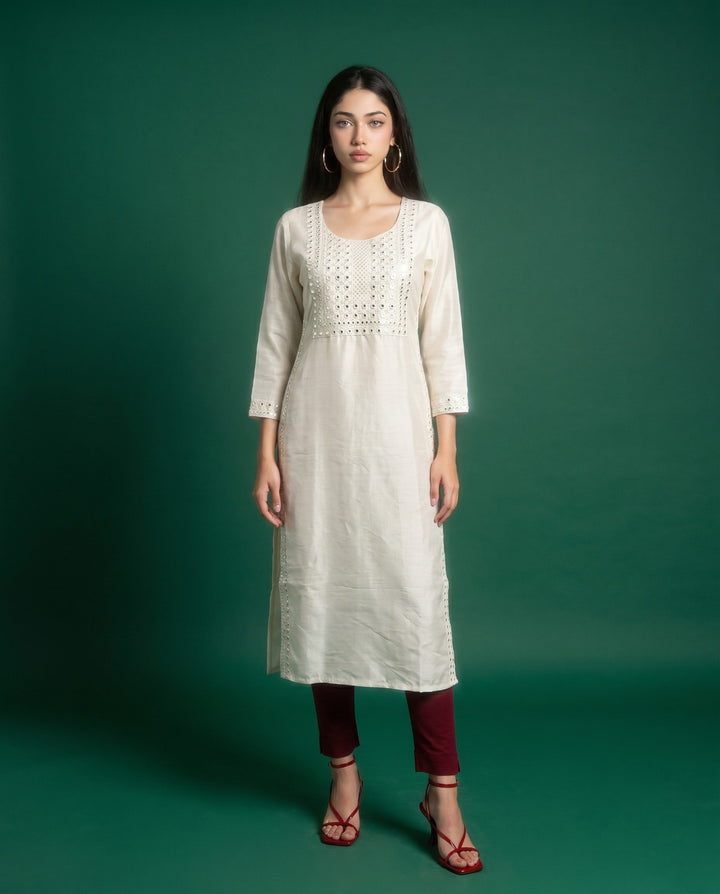 Off White Embroidered Viscose Blended Straight cut Long Kurta
