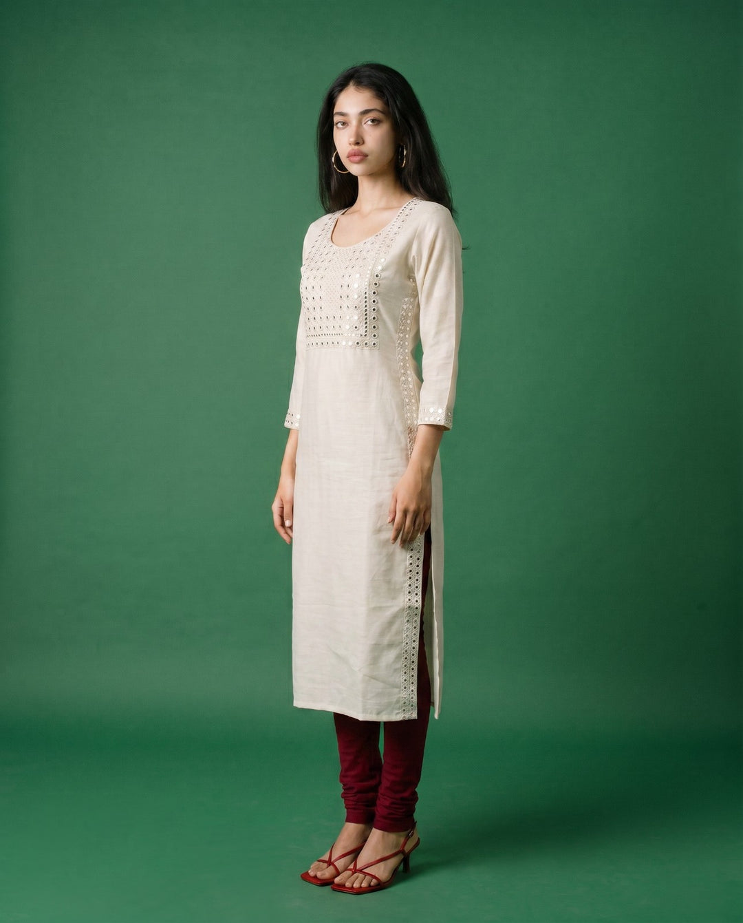 Off White Embroidered Viscose Blended Straight cut Long Kurta