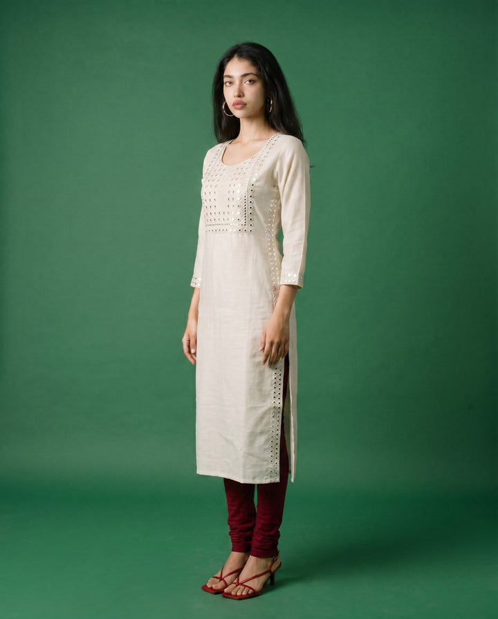 Off White Embroidered Viscose Blended Straight cut Long Kurta