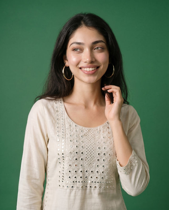 Off White Embroidered Viscose Blended Straight cut Long Kurta
