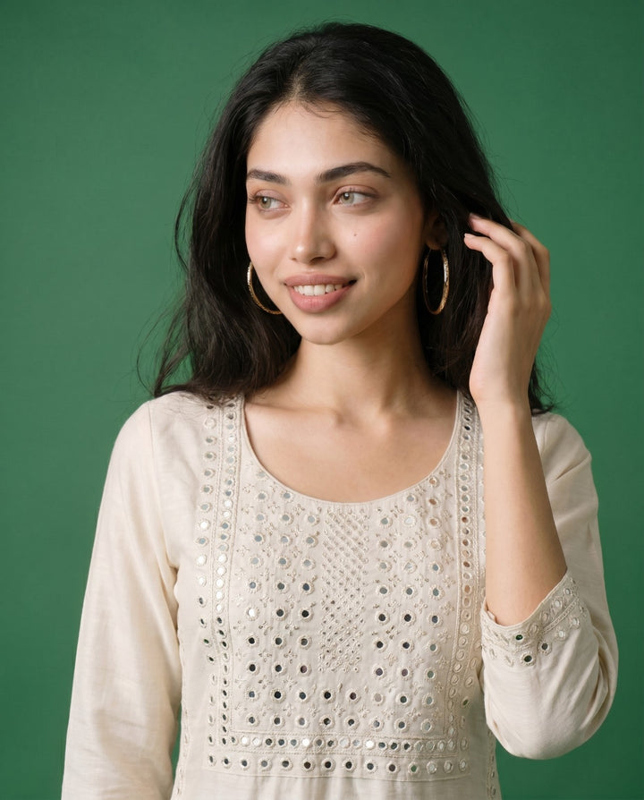 Off White Embroidered Viscose Blended Straight cut Long Kurta