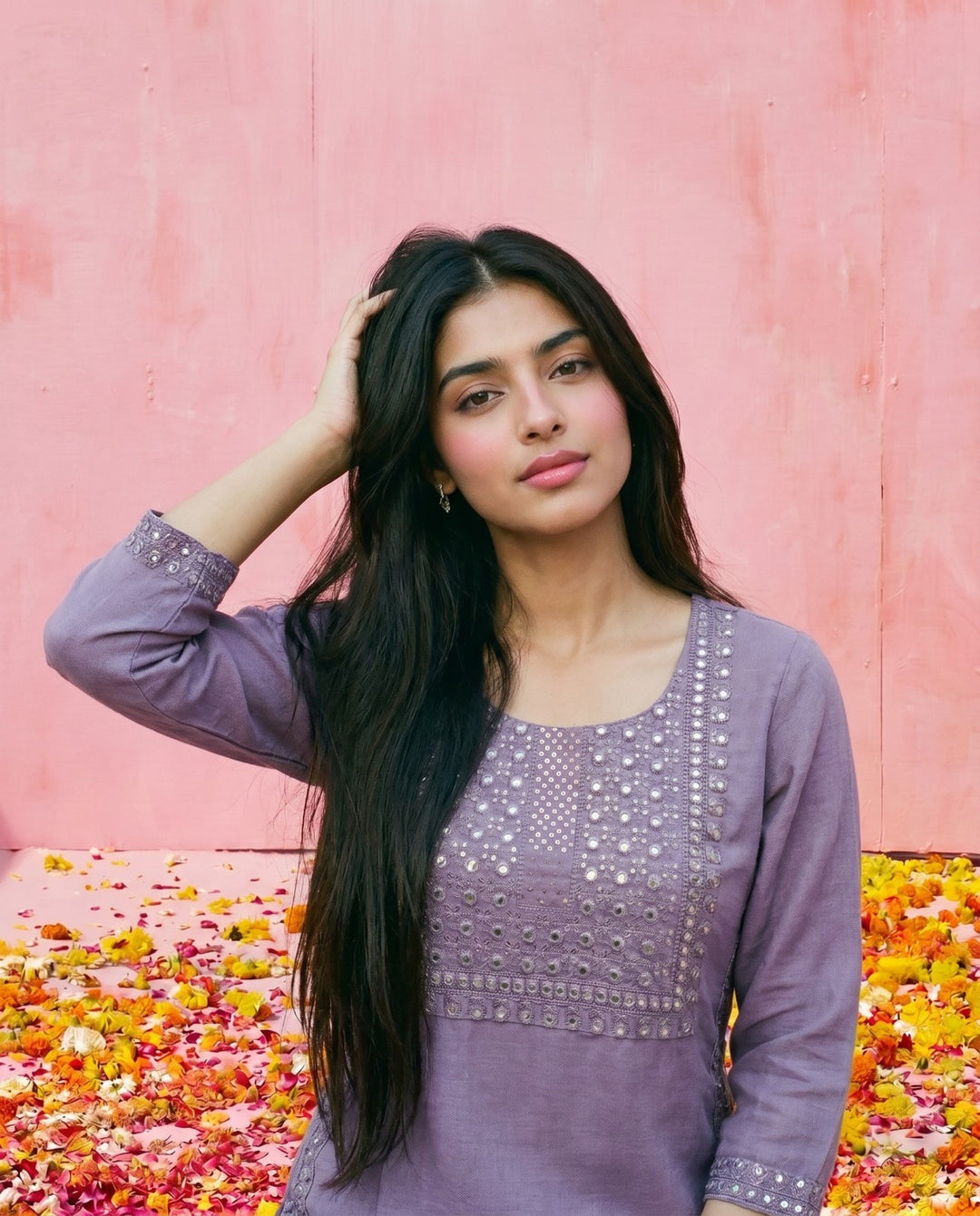 Purple Embroidered Viscose Blended Straight cut Long Kurta