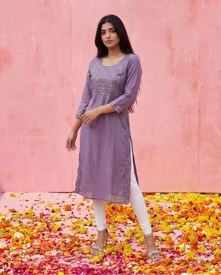 Purple Embroidered Viscose Blended Straight cut Long Kurta